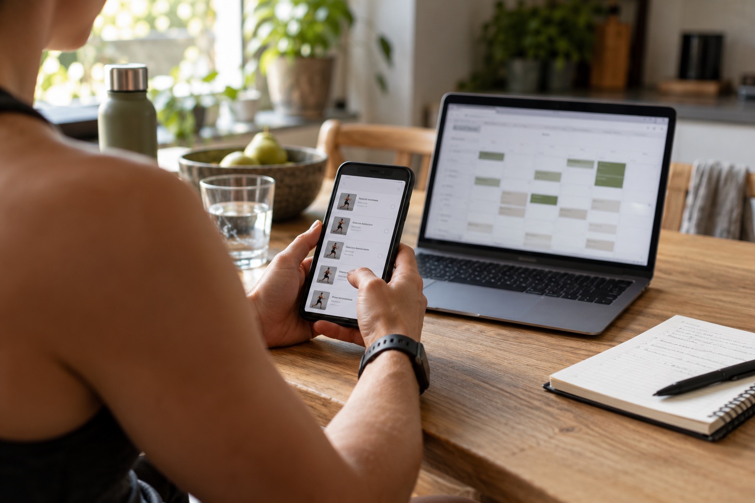 Trainingsplanung mit Smartphone, Laptop und Notizen