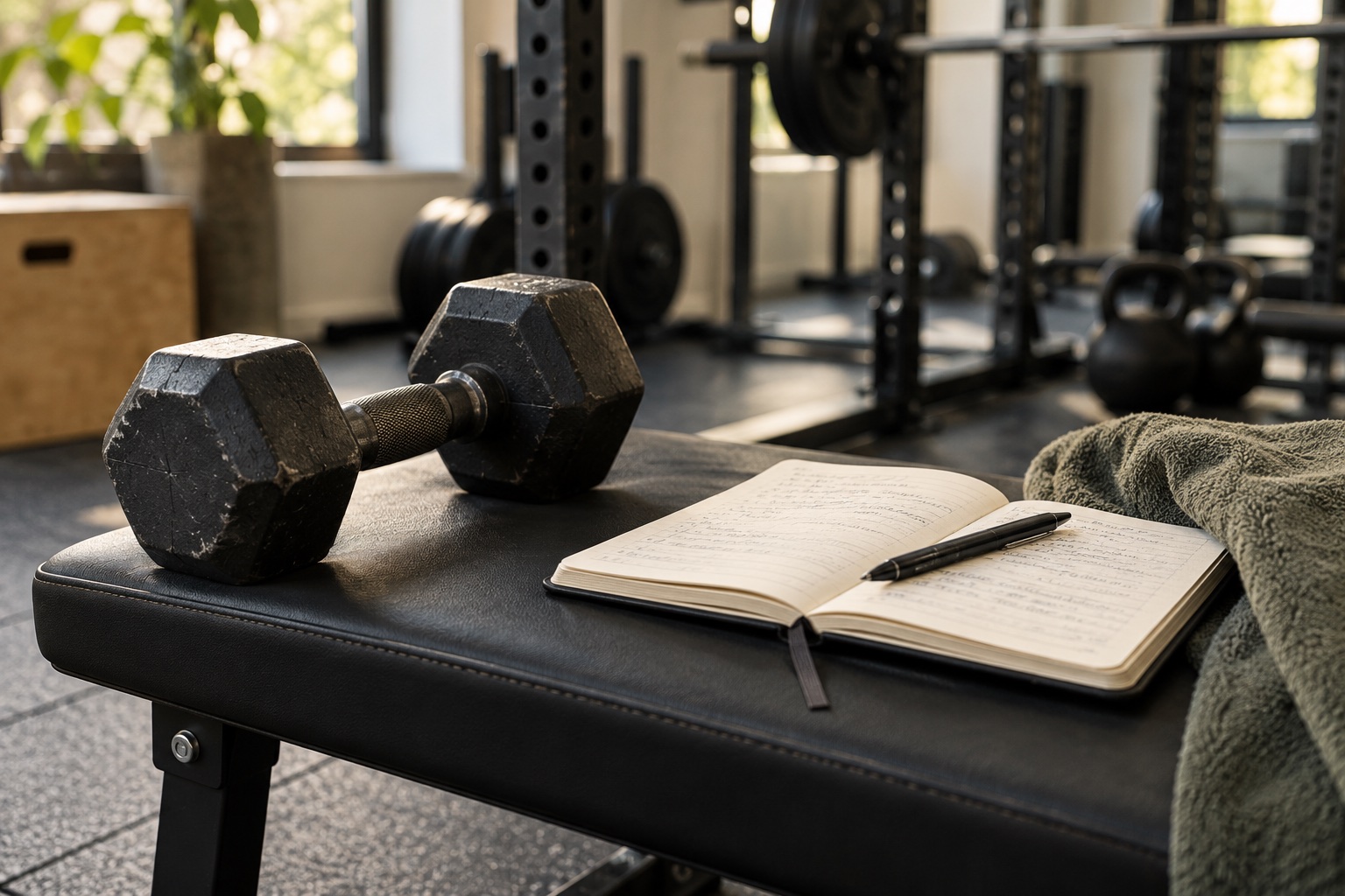 Trainingsplanung mit Notizbuch und Trainingszubehör