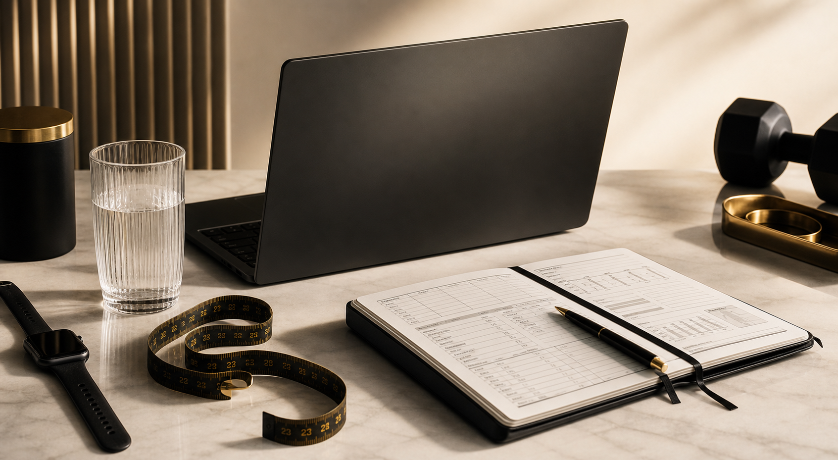 Premium Coaching System mit Trainingsplan, Ernährung, Messband und Laptop