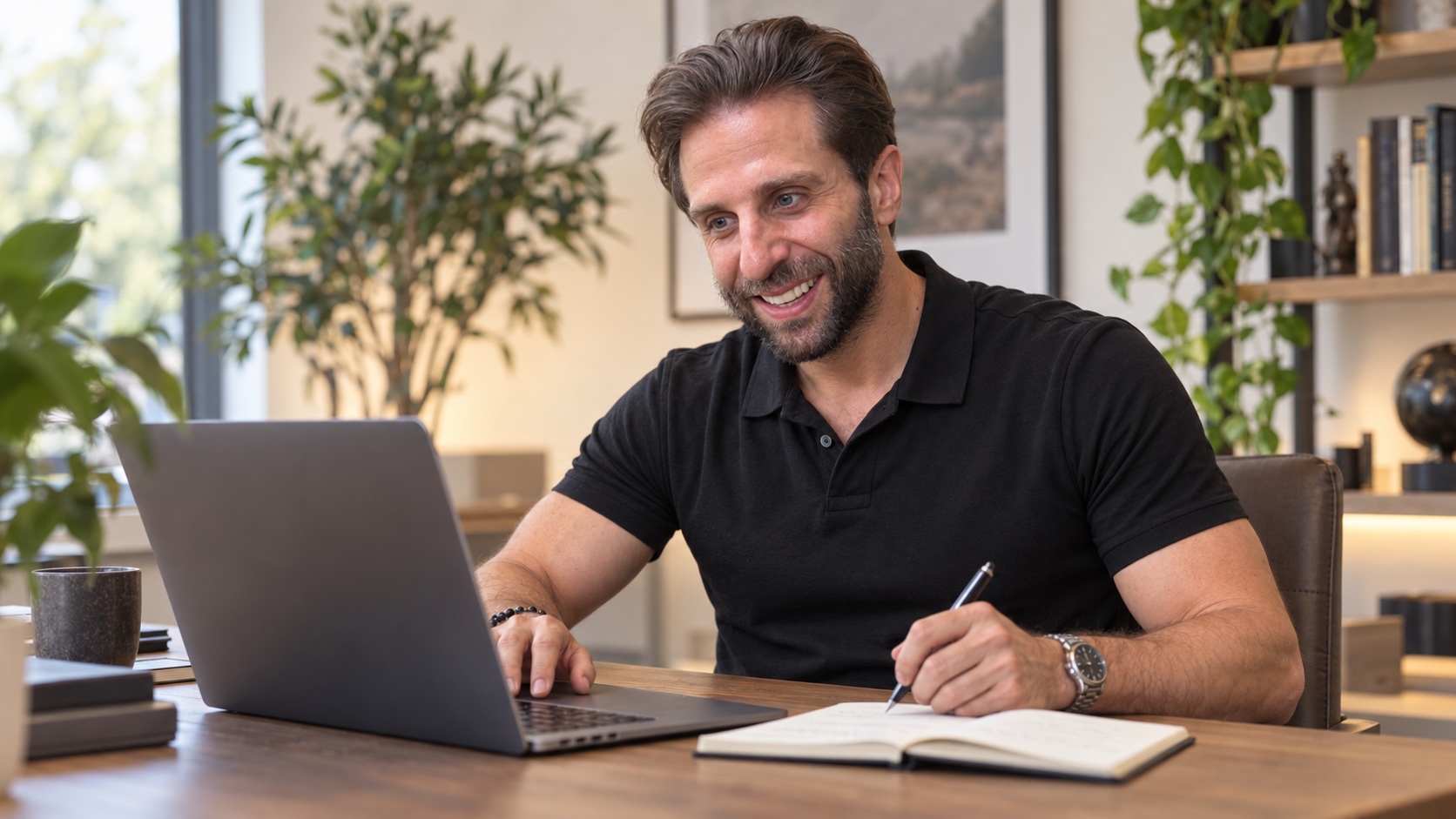 KI-generiertes Symbolbild: Marco Strub am Laptop bei der Planung der Online-Begleitung